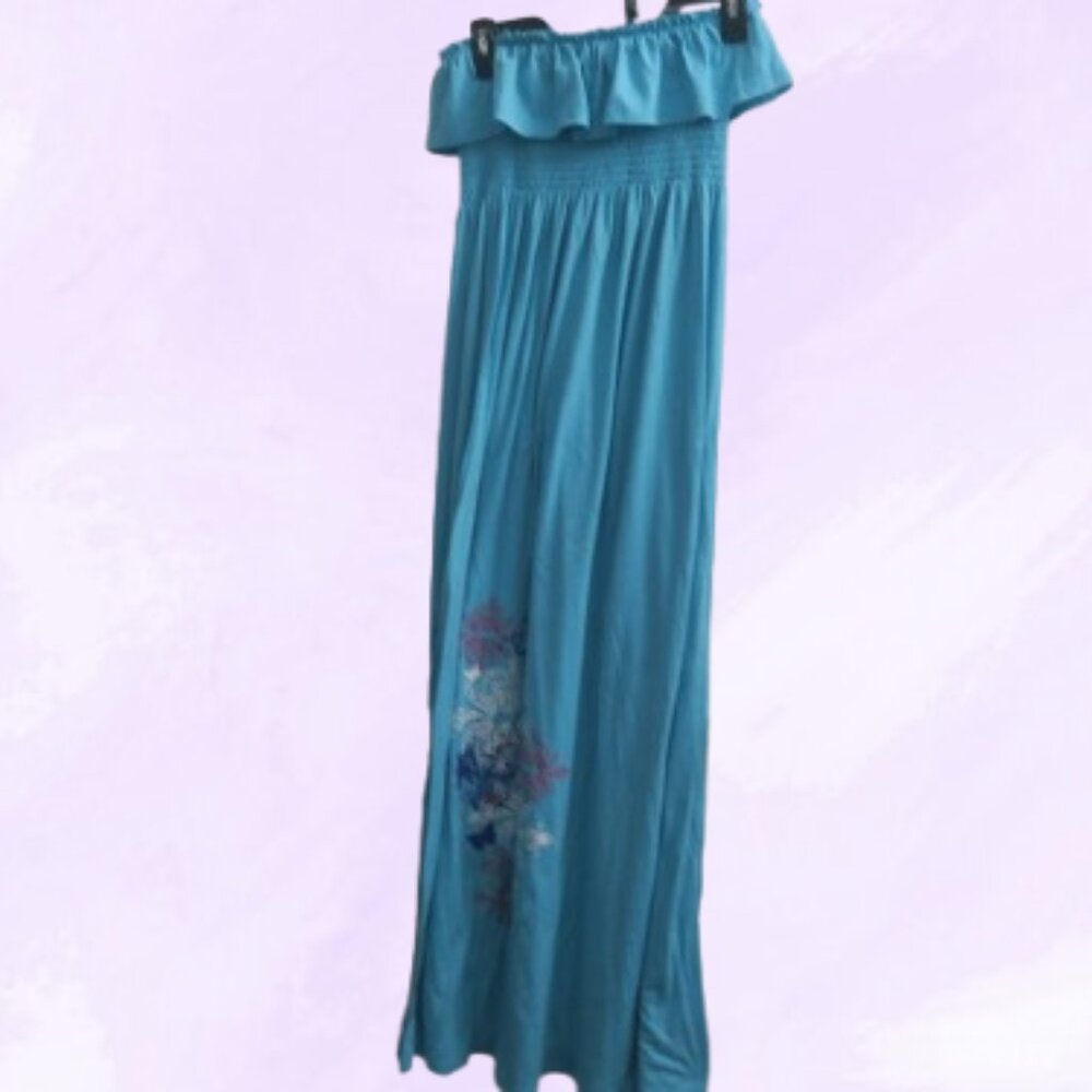 Derek Heart strapless ruffle maxi dress with flower design on bottom in blue M